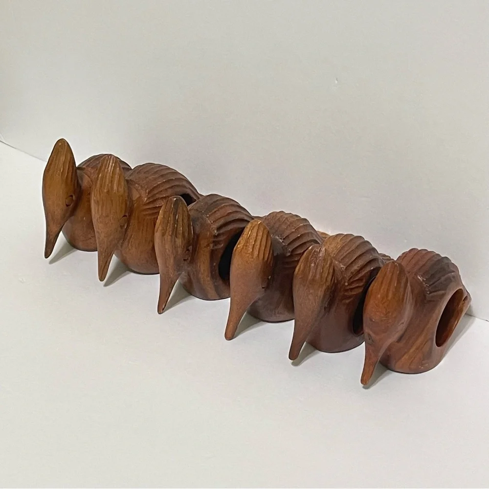 Woodpecker Bird Napkin Rings Hand Carved Wood Rustic Farmhouse Cabin Set of 6